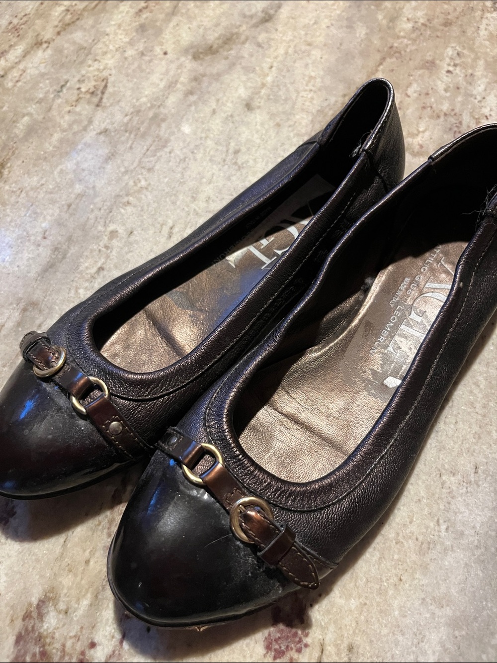 Women's Dark Brown Leather Ballet Flats with Buckle Accent